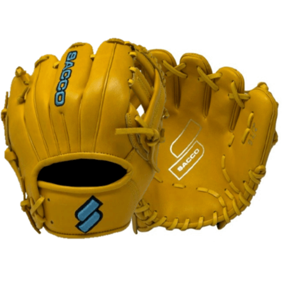 Sacco Ultra Smooth Kip 9.5" Infield Trainer Medallion glove view from the front and back with Sacco Blue logo.