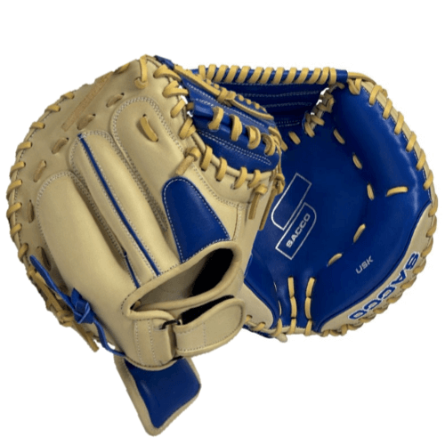 Sacco Youth Ultra Smooth Kip 32.5" catcher's mitt in camel and royal, top view showing wrist flap and inside padding.