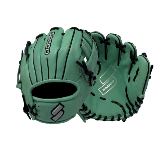 Sacco Ultra Smooth Kip 9.5-inch mint green infield trainer glove, showcasing front and back views with black accents.