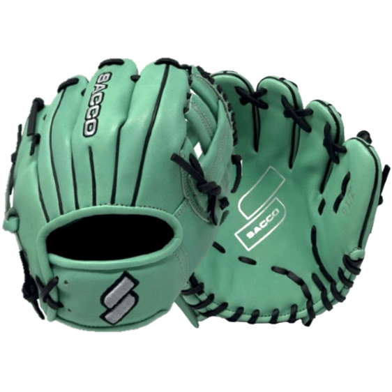 Sacco Ultra Smooth Kip 9.5" Infield Trainer glove in mint color, showcasing front and pocket views for optimal fielding practice.