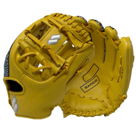 Sacco Youth Ultra Smooth Kip I-Web SE Medallion glove in yellow, showcasing front view and pocket design.