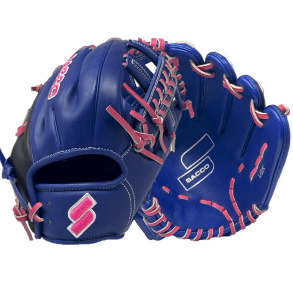 Front view of Sacco Youth Ultra Smooth Kip 11.5" glove in Concord Grape and Neon Pink, showcasing its durable leather design.