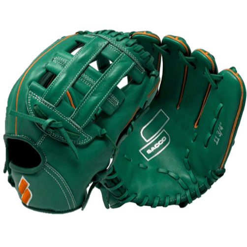 Sacco Youth Ultra Smooth Kip 11.75" H-Web glove in green and orange for young players, designed for comfort and control.