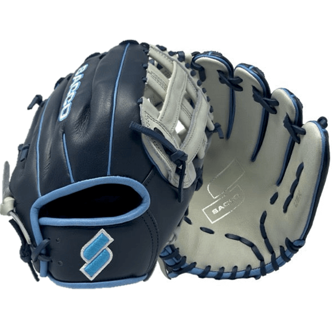 Front view of Sacco Youth Ultra Smooth Kip 11.5" H-Web glove in navy and light gray, showcasing premium leather design.