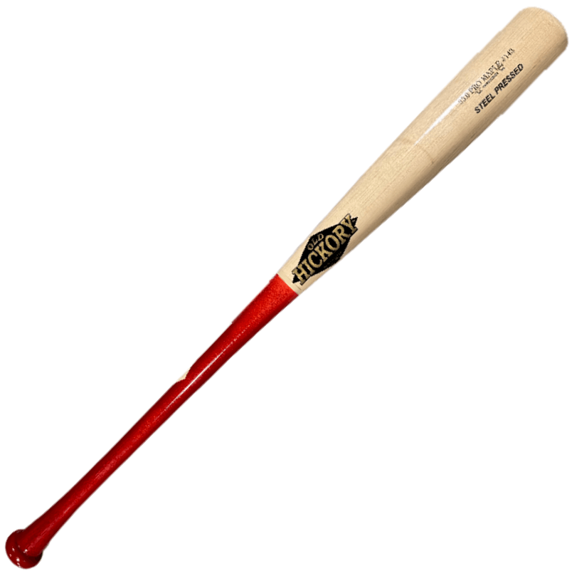 Old Hickory J143 custom pro steel pressed bat in cherry and natural finish with large barrel and thin handle.