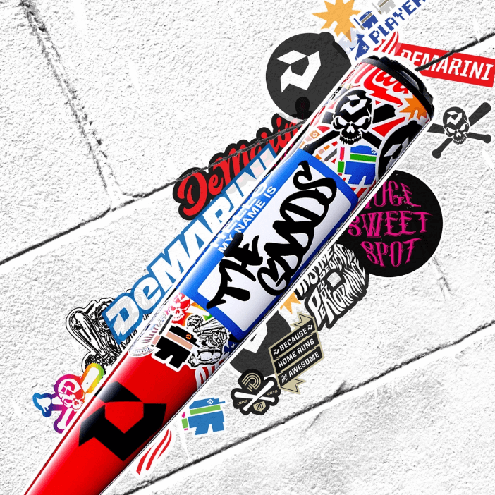 2026 DeMarini The Goods Sticker Bomb BBCOR Baseball Bat featuring bold graphics and a unique design on X14 Alloy Barrel.