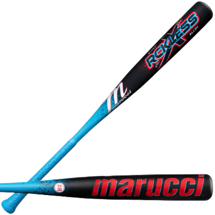 Marucci CAT X RCKLESS BBCOR (-3) Baseball Bat in blue and black, showcasing its sleek design and performance features.