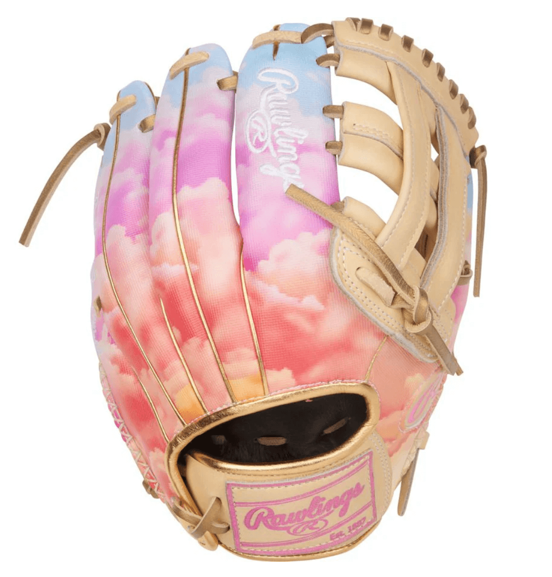 Rawlings Heart Of The Hide 12" Sierra Romero glove with a colorful sky design, featuring Pro H™ Web for infield performance.