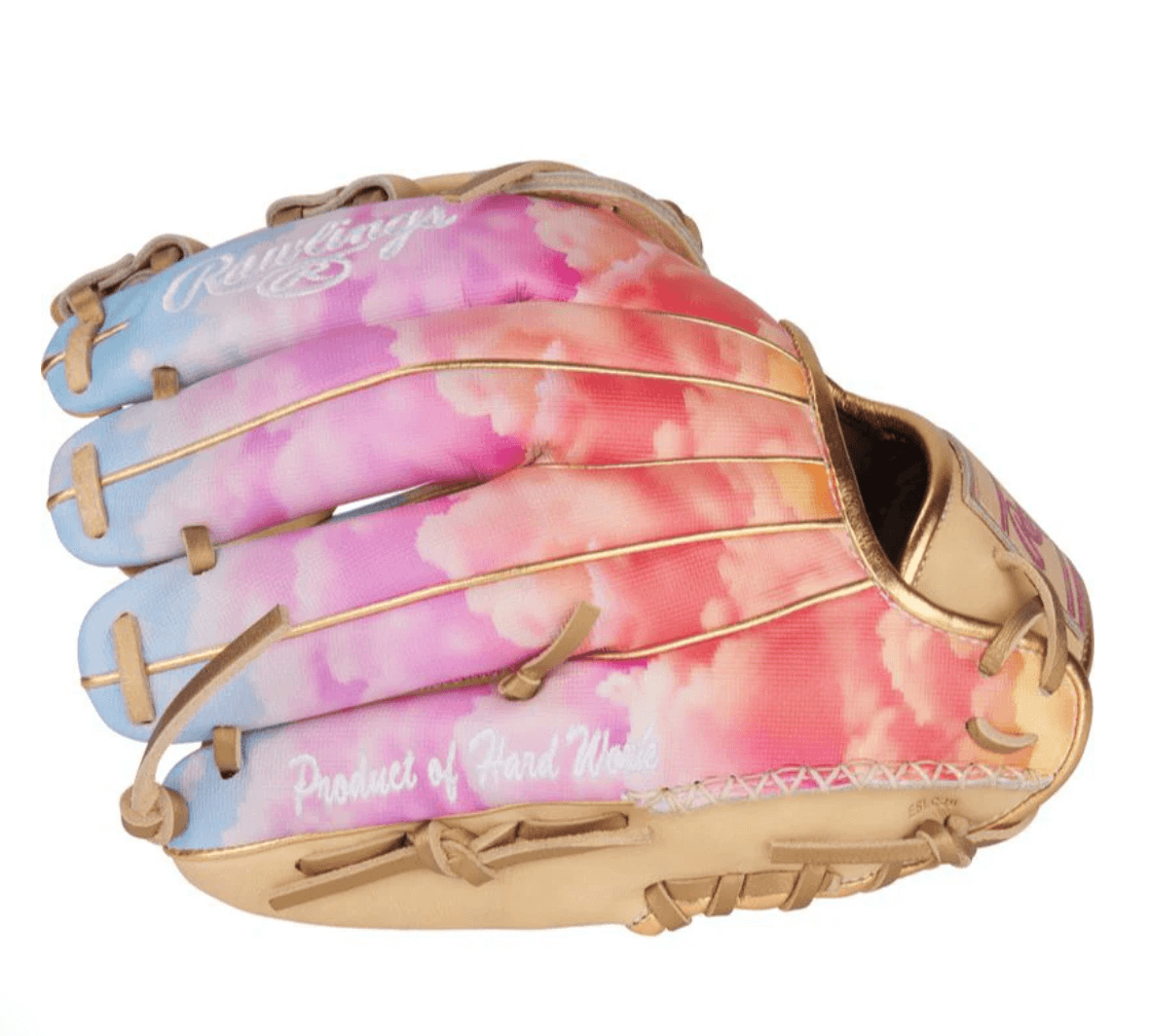 Rawlings Heart Of The Hide Sierra Romero 12" Gameday Pattern glove in pink and gold, symbolizing hard work and legacy.