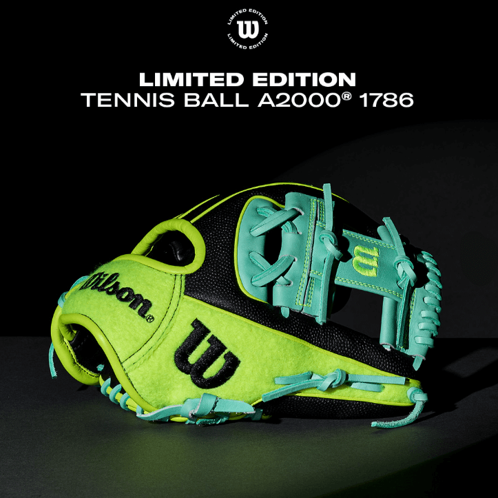 Hero image of Wilson 2025 Tennis A2000 1786SS 11.5” Infield Baseball Glove in green and black with H-Web and light blue lacing.