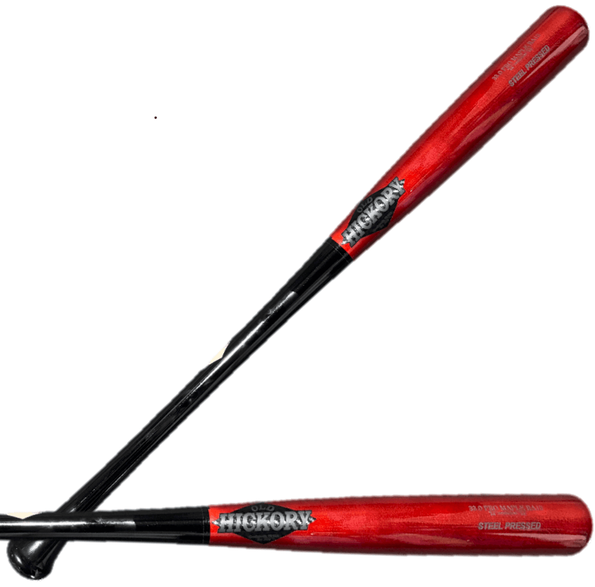Side profile view of Old Hickory Steel Pressed RA13 Cherry Custom Wood Baseball Bat with red barrel and black handle.