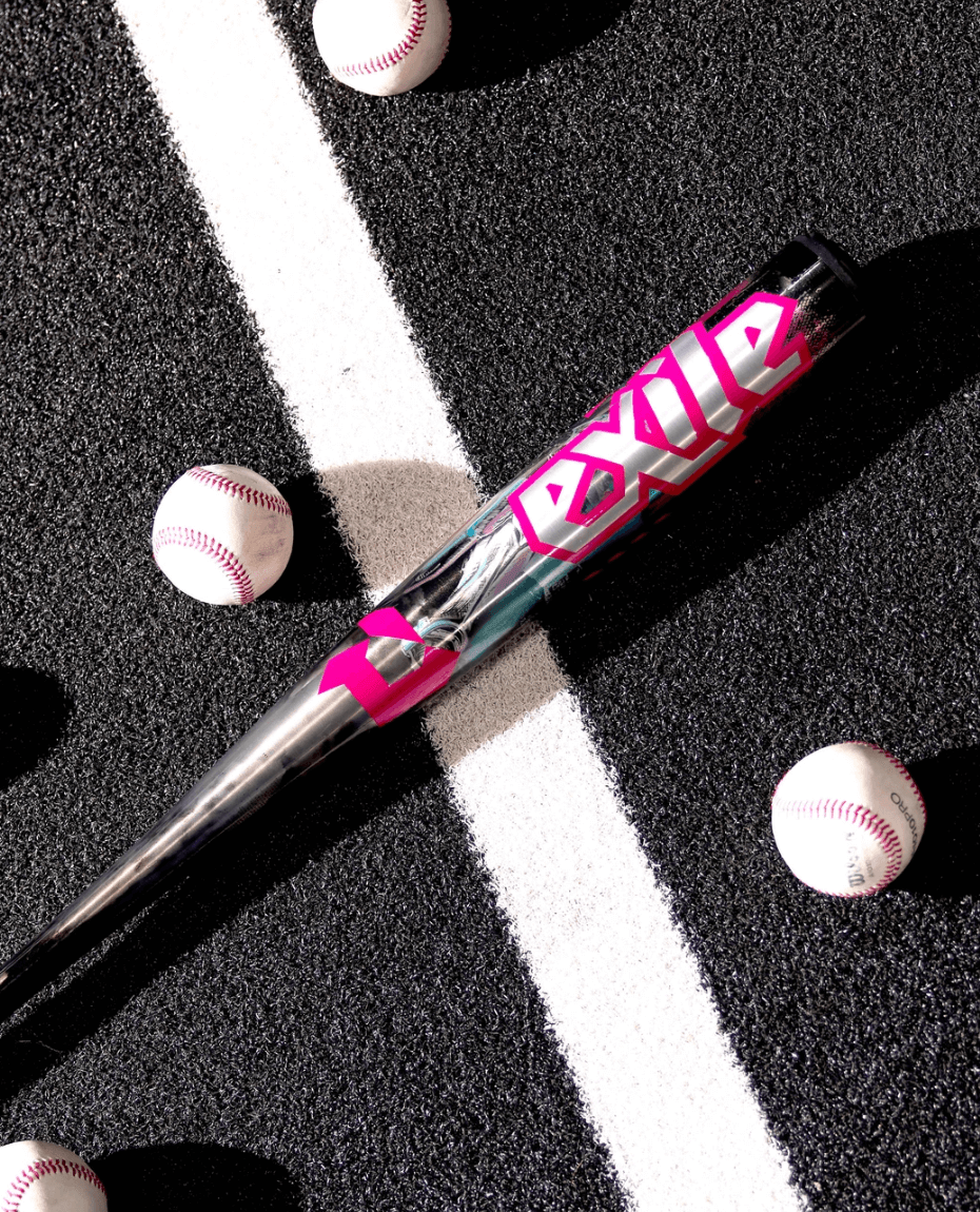 2026 DeMarini Exile Cyborg BBCOR (-3) Baseball Bat side profile on black surface with baseballs