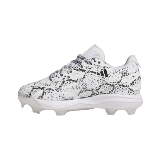 Adizero Electric 2.0 baseball cleats in white with snakeskin graphics and low top design.