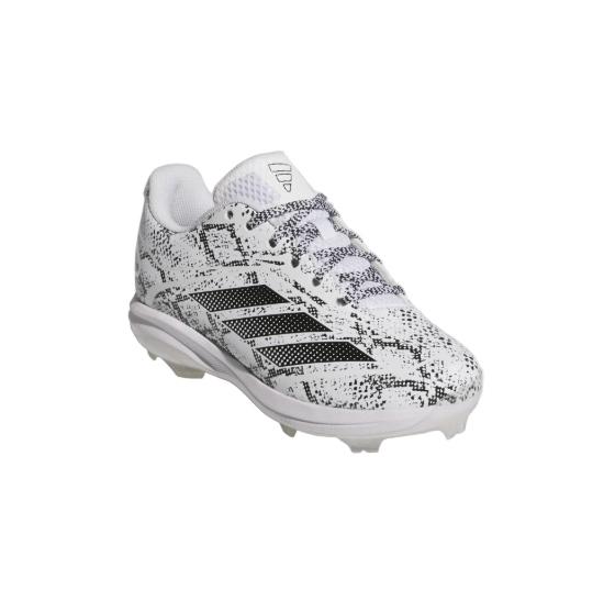 Adizero Electric 2.0 baseball cleats in white with snakeskin graphics for kids, designed for speed and comfort.