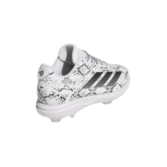 Adizero Electric 2.0 baseball cleats in white with snakeskin graphics, designed for kids' fast-paced baseball performance.