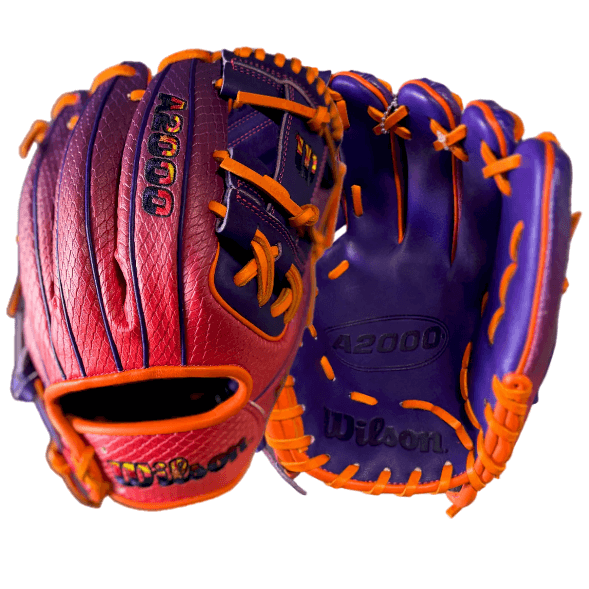 Wilson A2000 1786 Arizona Sunset 11.5" baseball glove front and back showcasing red, purple, and orange Pro Stock leather design.
