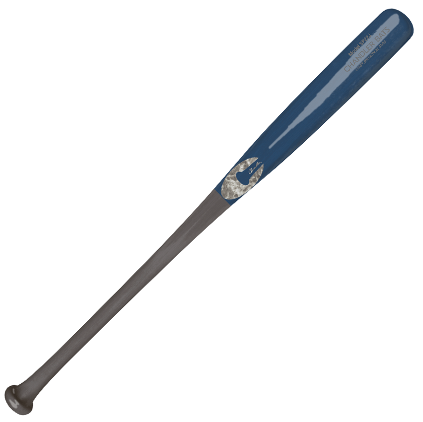 Chandler SP22J Maple Wood Baseball Bat Midnight Silver side profile view, flared knob, medium barrel, blue barrel color.