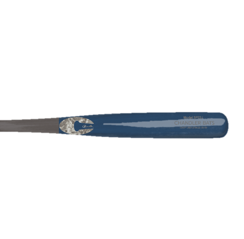 Baseball bat side view showing Chandler SP22J Maple Wood Baseball Bat Midnight Silver with brand logo and model details near handle.