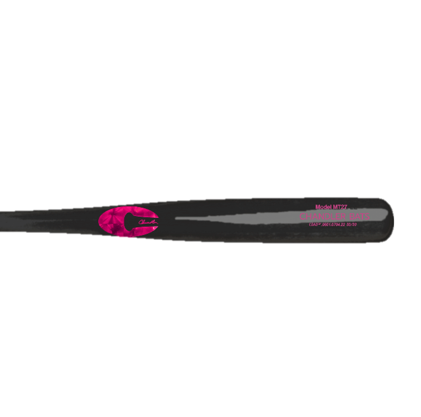 Side profile view of Chandler MT27 Maple Wood Baseball Bat Black Pink with visible logo and text on barrel.