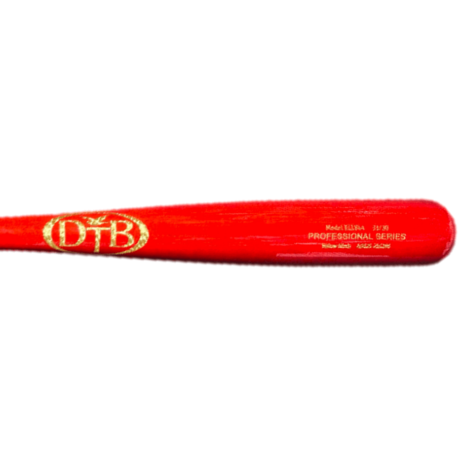 Side profile of Dove Tail Bats Custom Elly44 Birch Red Gloss 33" with gold "DTB" logo and professional series markings.