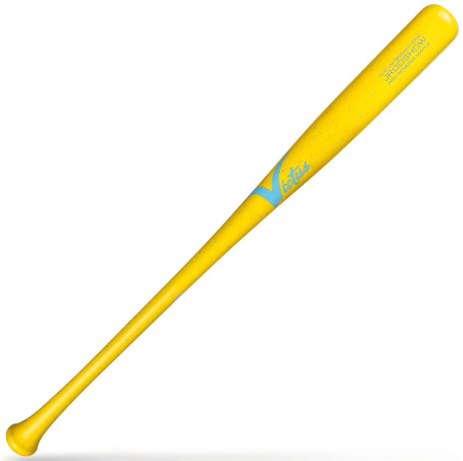 Side view of Victus JROD Show Yellow/Columbia Spec Pro Reserve Wood Baseball Bat showing barrel and handle.