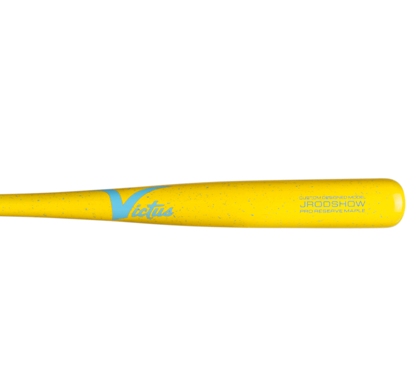 Barrel view of Victus JROD Show Yellow/Columbia Spec Pro Reserve Wood Baseball Bat featuring blue logo and text.