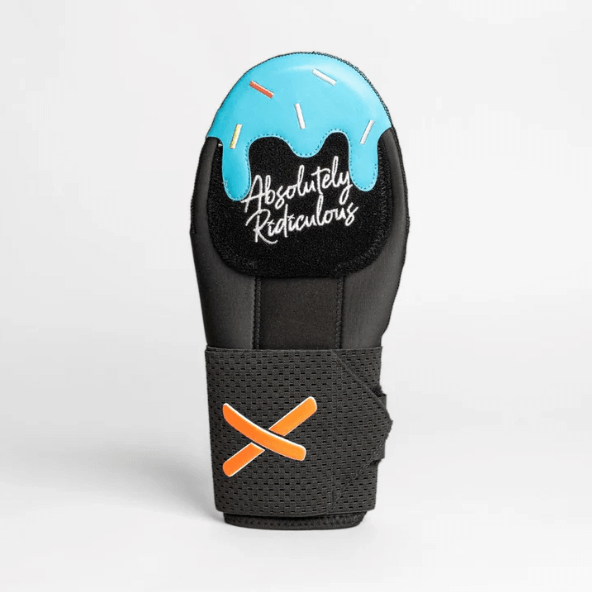 Front view of Pushin' P Youth Sliding Mitt - Absolutely Ridiculous Ice Cream Collection with blue drip design and sprinkles