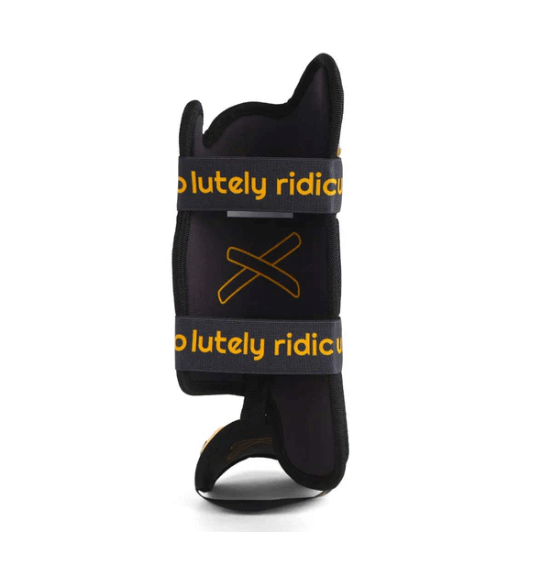 Side view of Absolutely Ridiculous Ice Cream Collection-Vegas Gold Leg Guard Standard (RHB) with visible logo and straps.