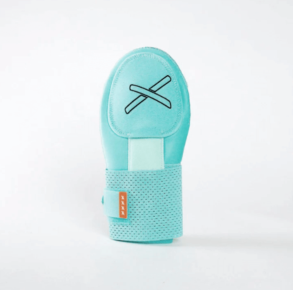 Front view of Absolutely Ridiculous Mint Dipped Ice Cream Sliding Mitt Youth showing protective top plate and closure detail.