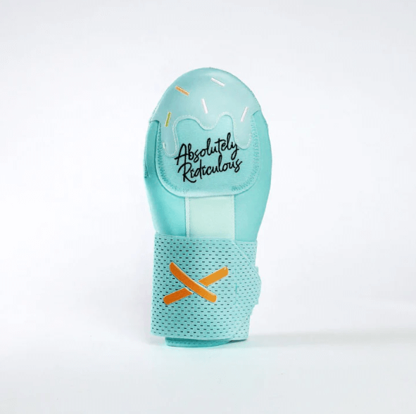 Front view of Absolutely Ridiculous Mint Dipped Ice Cream Sliding Mitt Youth with sprinkle design on top.