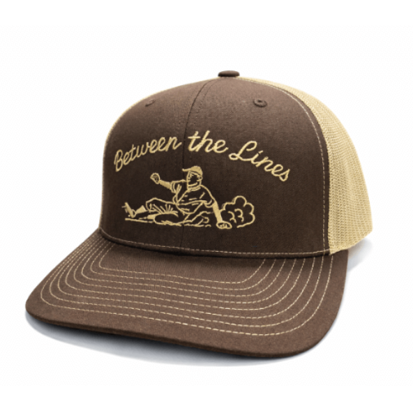 BTL Sliding Man Trucker Hat Coffee/Khaki front view with embroidered logo and khaki mesh back