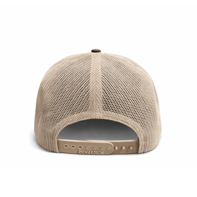 Back view of BTL Sliding Man Trucker Hat Coffee/Khaki showing khaki mesh and adjustable snap closure.