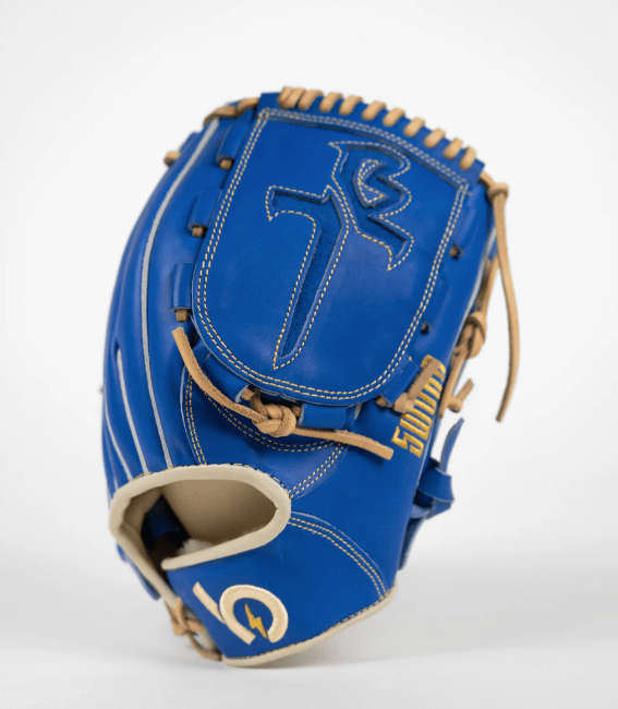 Trevor Bauer Limited Edition Pitching Glove in blue leather with distinctive stitching and branding details, perfect for baseball enthusiasts.