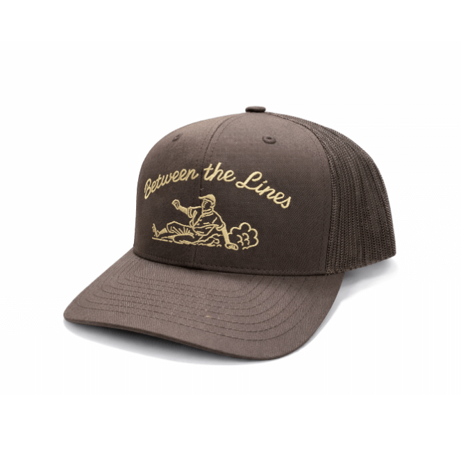 BTL Sliding Man Trucker Hat Coffee/Coffee front view with embroidered logo on coffee front panel and mesh back.