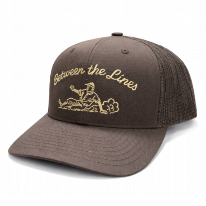 BTL Sliding Man Trucker Hat Coffee/Coffee front view with embroidered logo on coffee front panel and mesh back.