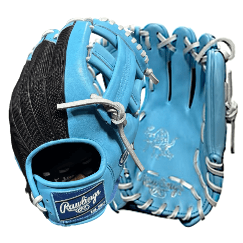 Rawlings Heart of The Hide Custom PRO205FSM 11.75" Frostbite glove, palm and backhand view in blue with white lacing and H-web.