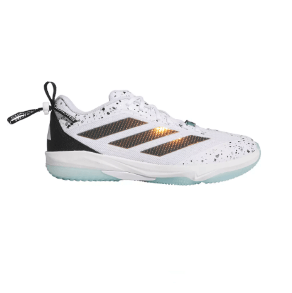 Side profile of Adidas Men's Adizero Impact 2.0 Shades Turf Baseball Shoes in white with black and gold accents.