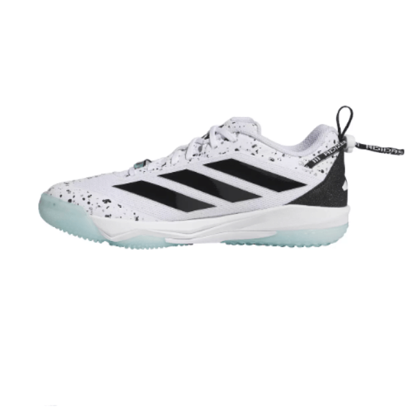 Side profile of Adidas Men's Adizero Impact 2.0 Shades Turf Baseball Shoes with black stripes on a white upper.
