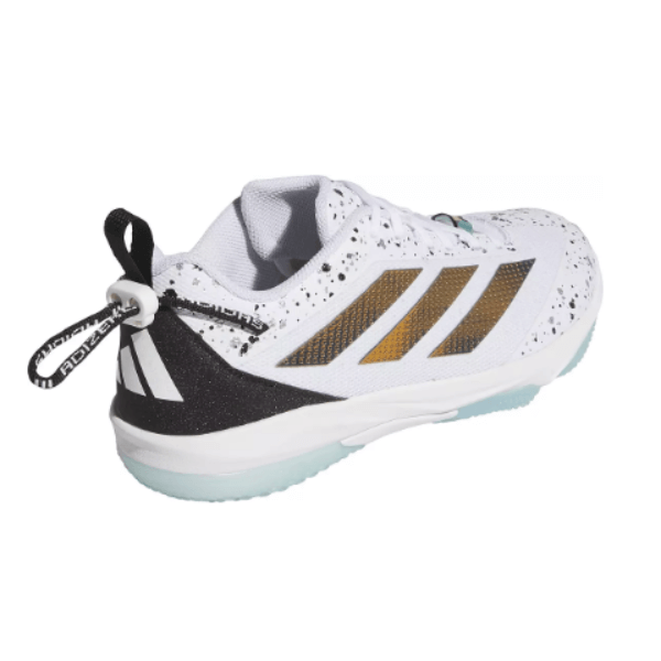 Rear view of Adidas Men's Adizero Impact 2.0 Shades Turf Baseball Shoes showing heel pull tab and gold stripes design.
