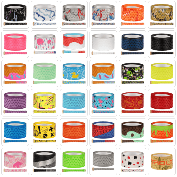 Various designs of Lizard Skins DSP Ultra Bat Grip - 0.5 mm displayed in a grid layout, showcasing a range of colors and patterns.