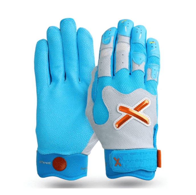 Absolutely Ridiculous pushin' p whiteout batting gloves, palm and backhand view, blue and white color with orange accents.