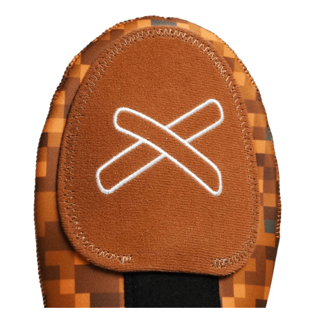Absolutely Ridiculous Sandbox Sliding Mitt Standard palm view with brown pixelated pattern and white stitching X detail.
