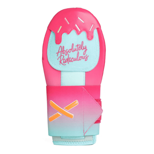 Top view of Absolutely Ridiculous Miami Ice Remix Sliding Mitt Standard in pink and blue with protective plates.