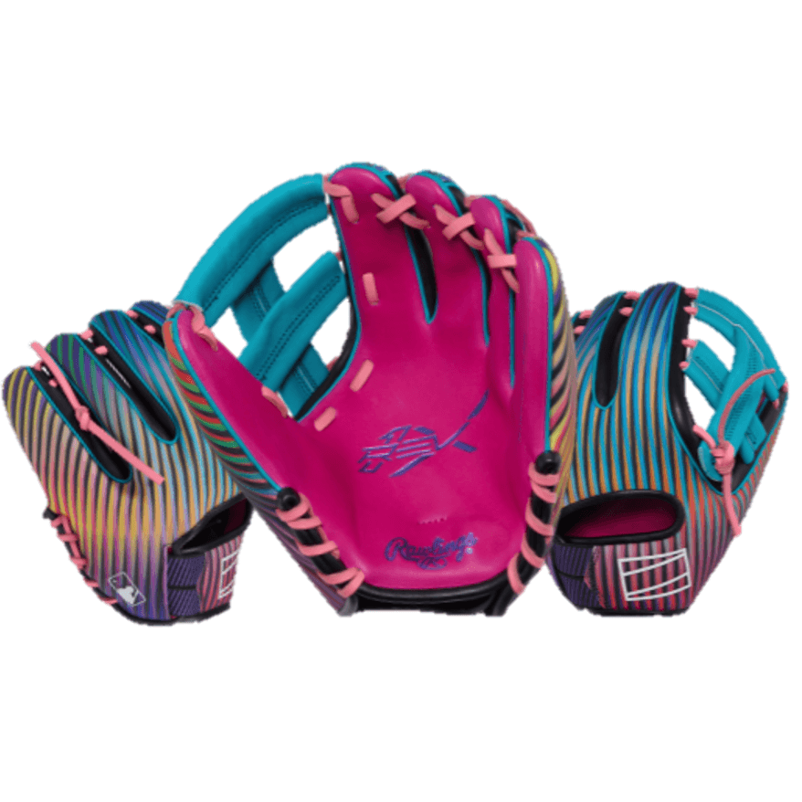Rawlings REV1X Series REV204-1BE 11.5" Baseball Glove RHT hero image, magenta and cyan, palm and backhand view