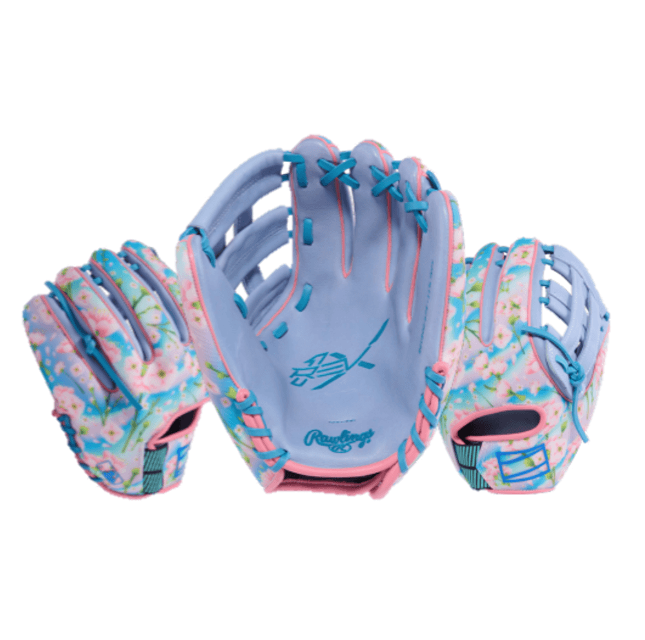 Rawlings REV1X Series REV205-6PE 11.75" Baseball Glove RHT, palm and back views, pastel color, with H-web and pink lacing.