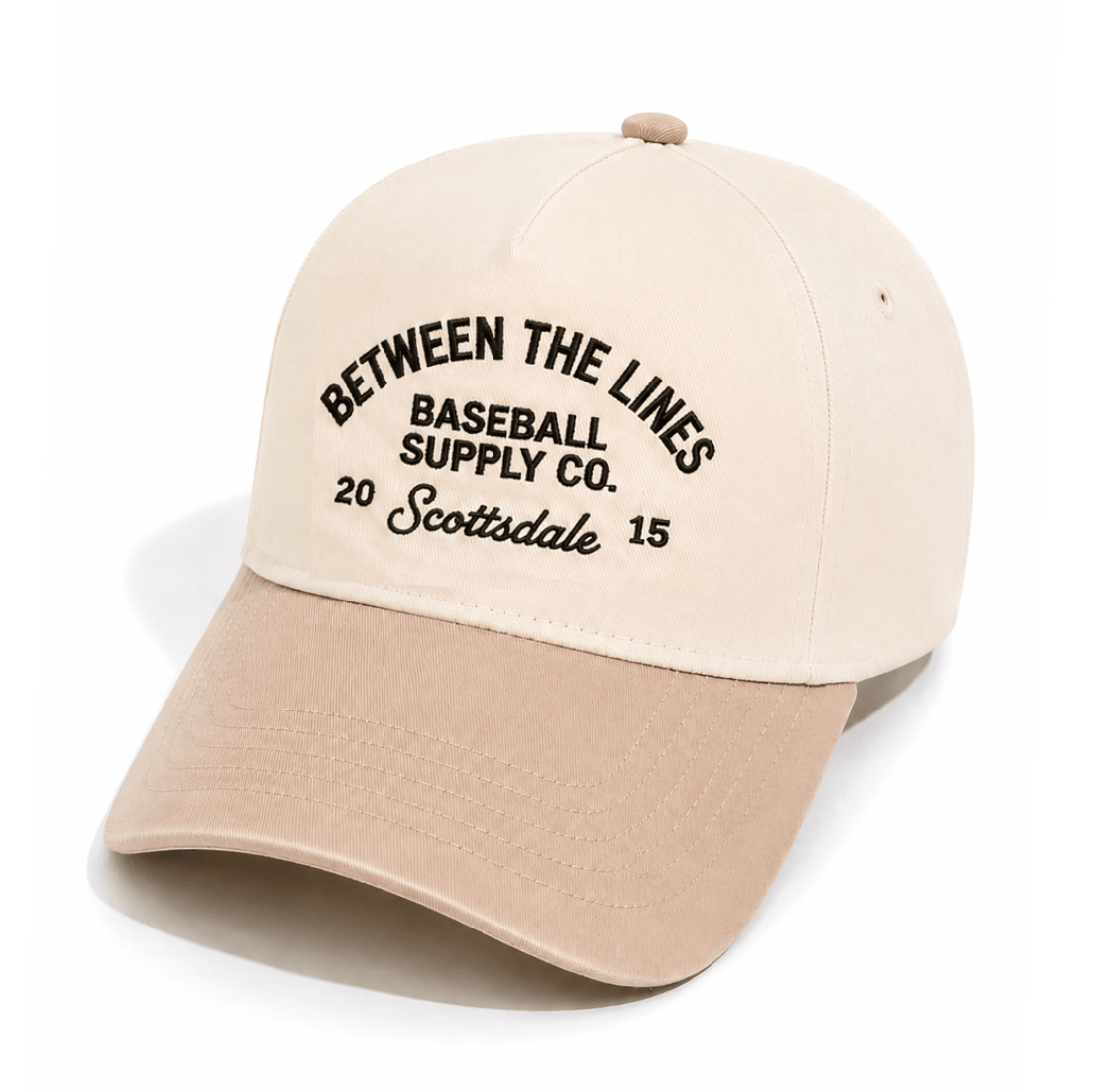 Cream and khaki BTL Baseball Supply Co A-Frame Snapback cap with black embroidered text, front angle view.