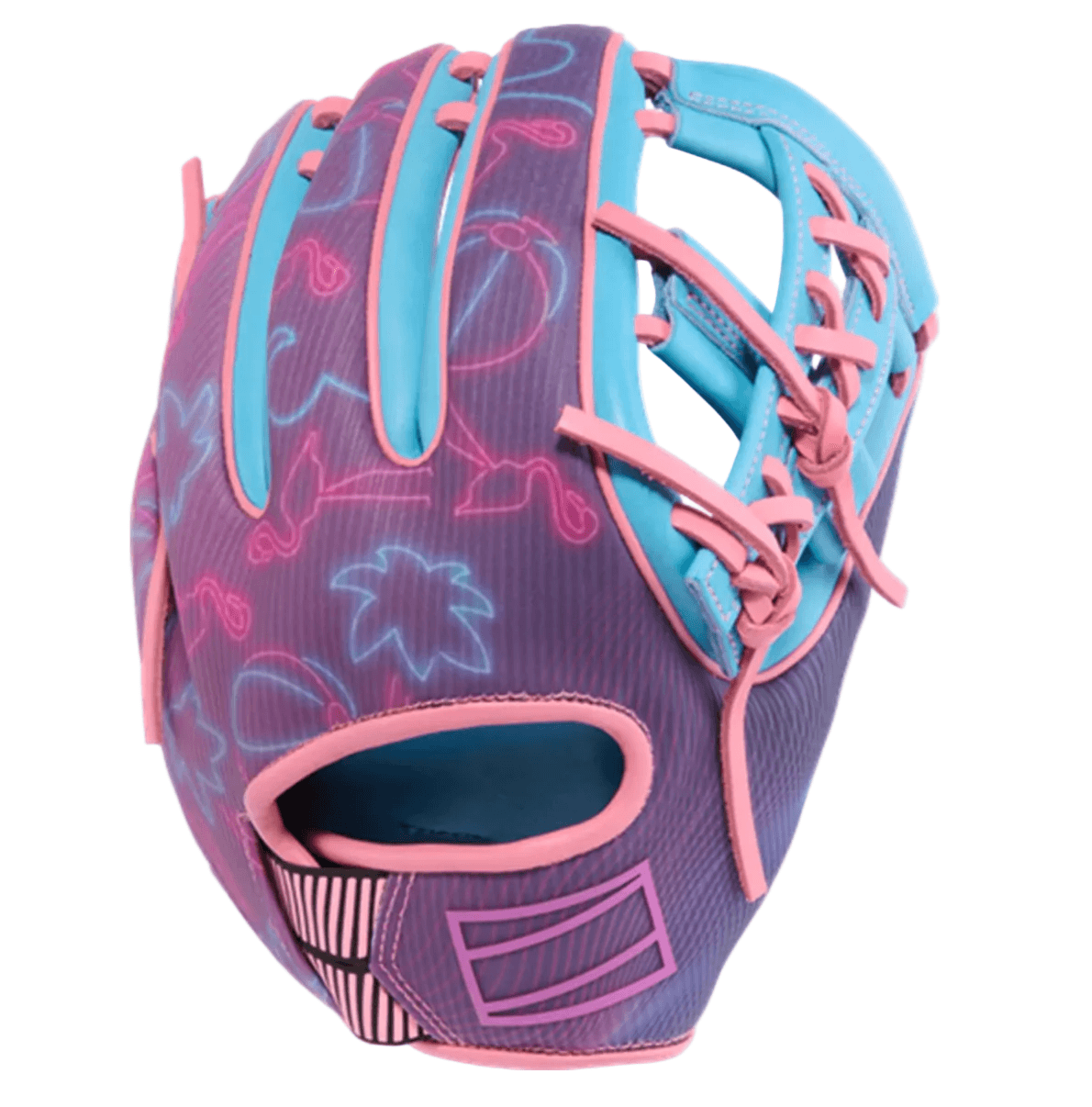 Rawlings REV1X Series REV205-32CBPP 11.75" Baseball Glove RHT backhand view, pink and turquoise with intricate stitching.