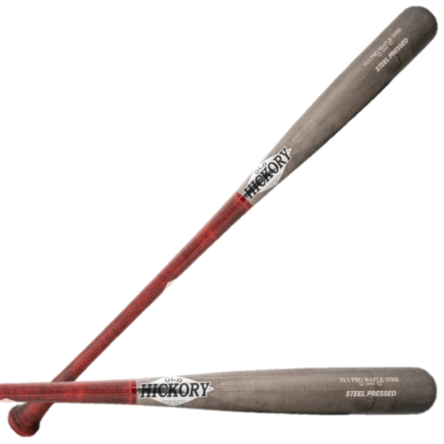 Side profile of Old Hickory Byron Buxton 25BB Steel Pressed Wood Baseball Bat showing logo and text with dual tone finish.
