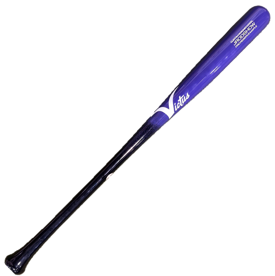 Victus JRODSHOW wood bat full length showing black handle fading into purple barrel