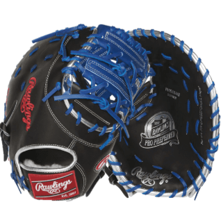 Rawlings 2021 Pro Preferred Anthony Rizzo first base mitt in black leather with blue lacing, 12.75" left-hand throw.